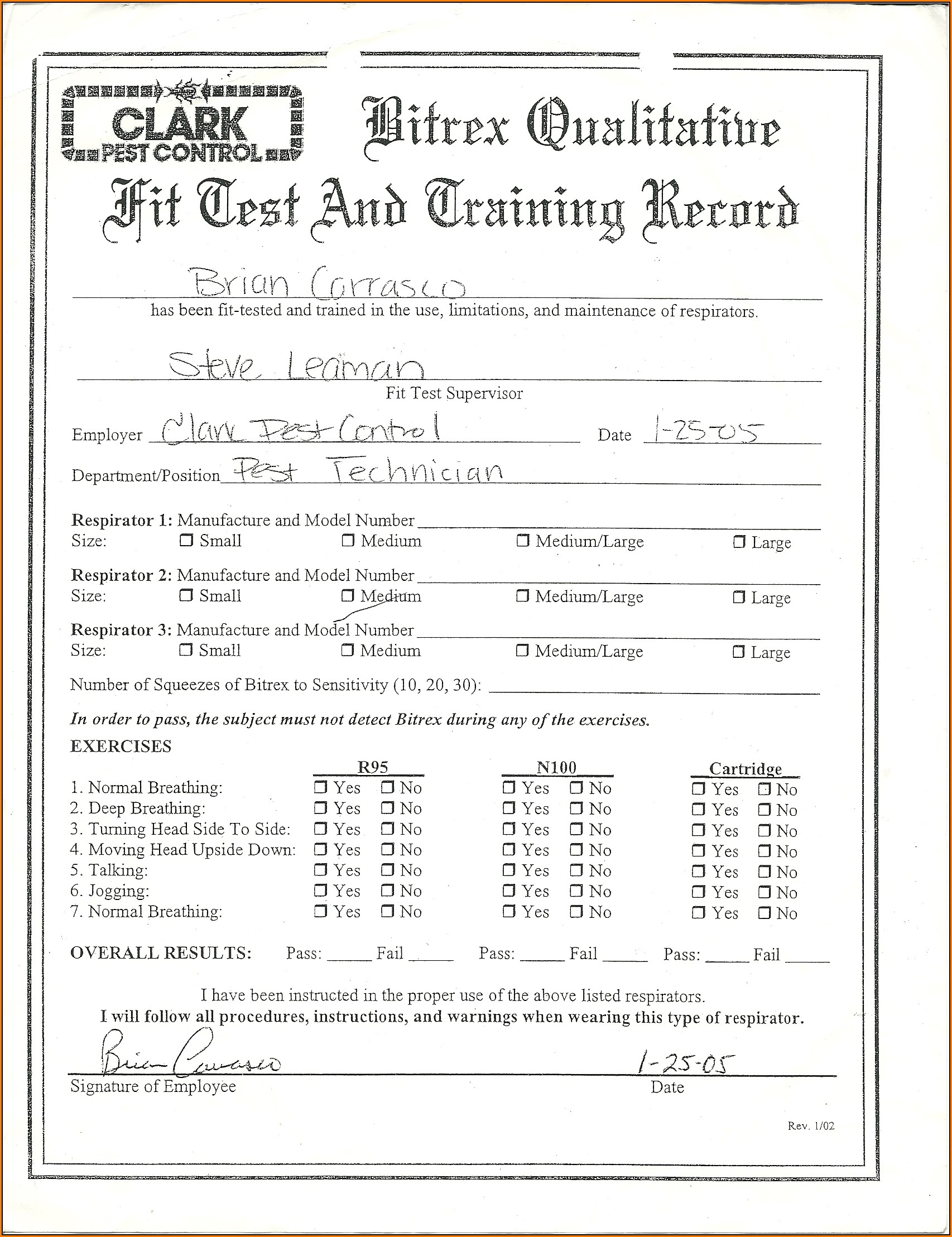 Printable Respirator Fit Test Form Template Printable Templates