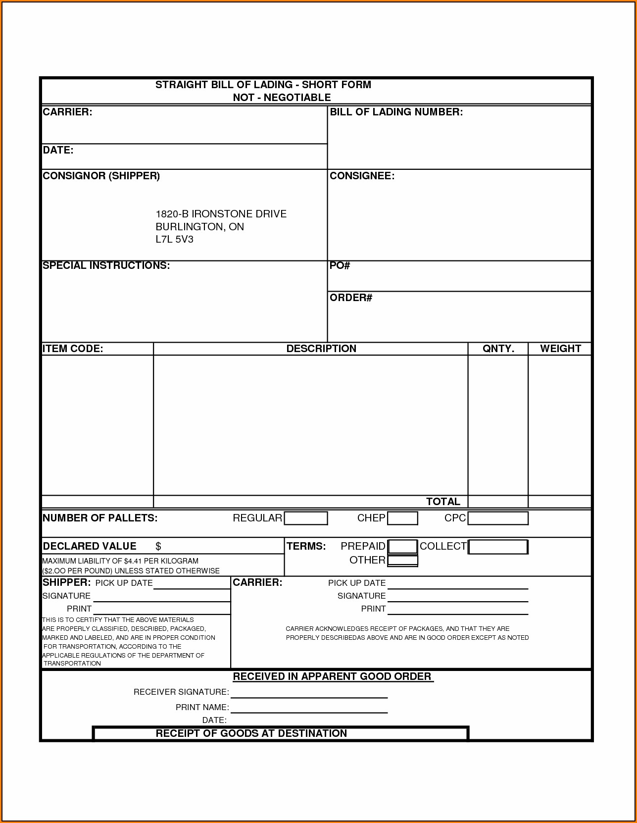 Free Printable Straight Bill Of Lading Short Form Form Resume