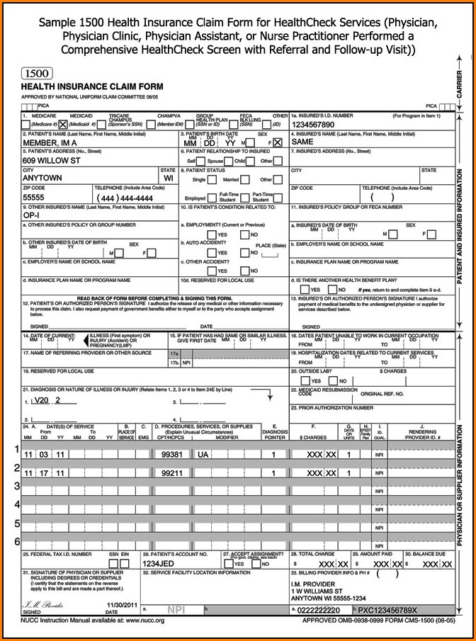 Health Insurance Claim Form 1500 Fillable Form Resume Examples 