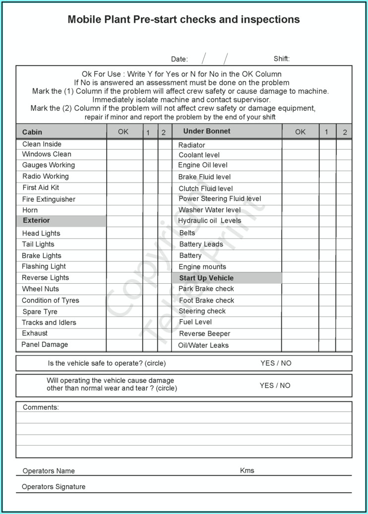 Printable Pre Trip Inspection Checklist Sheet