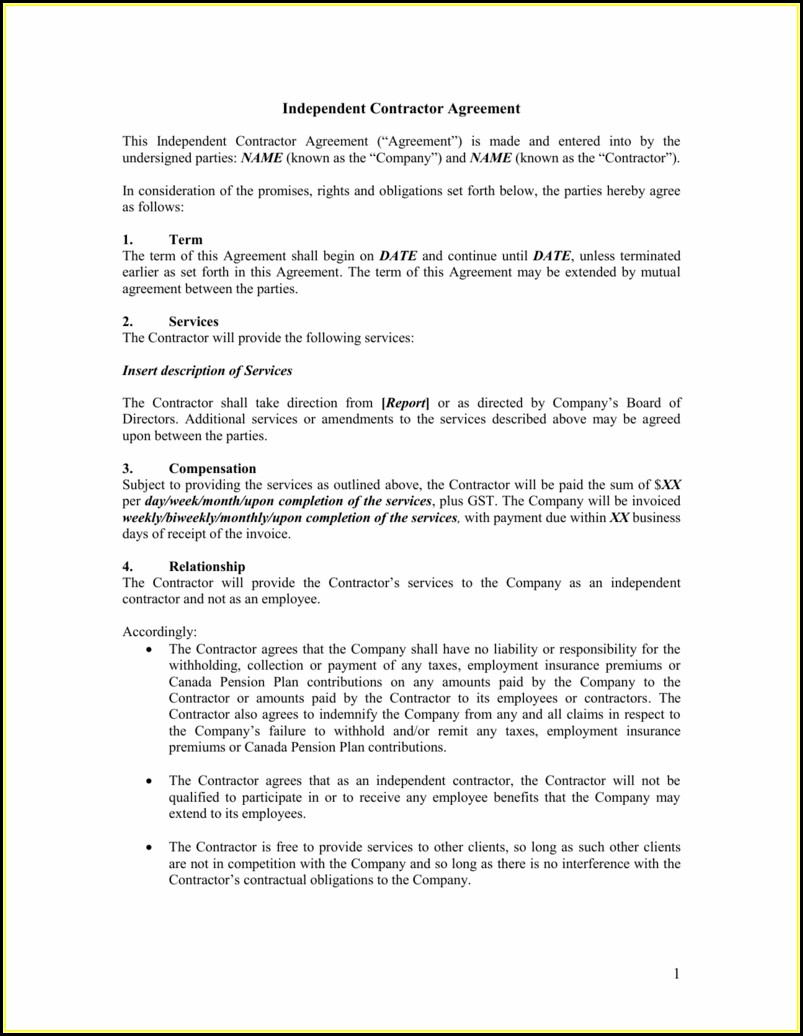 Independent Contractor Agreement Ontario Sample Template 2 Resume 