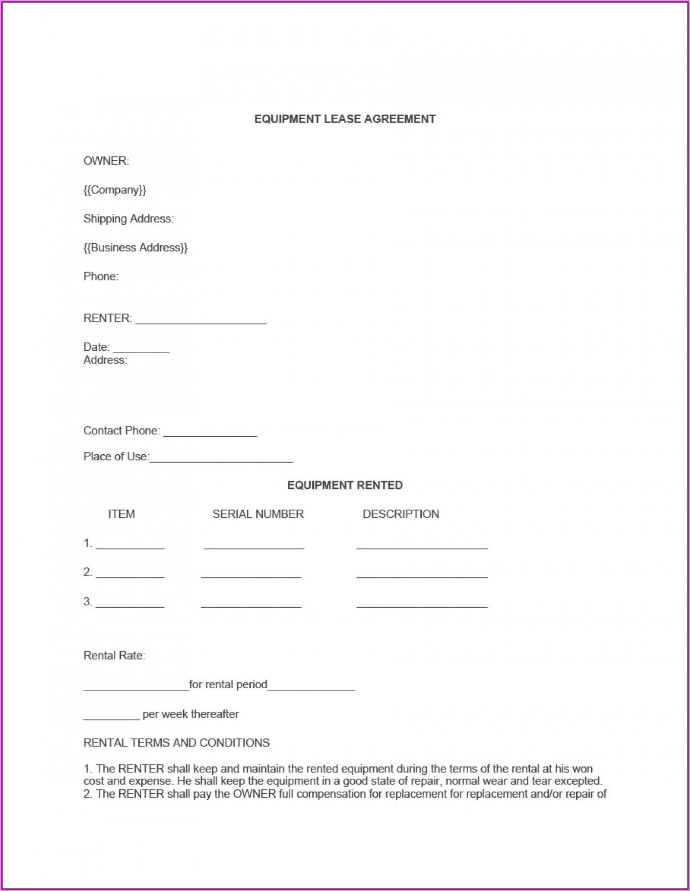 Equipment Rental Agreement Template South Africa Template 1 Resume 