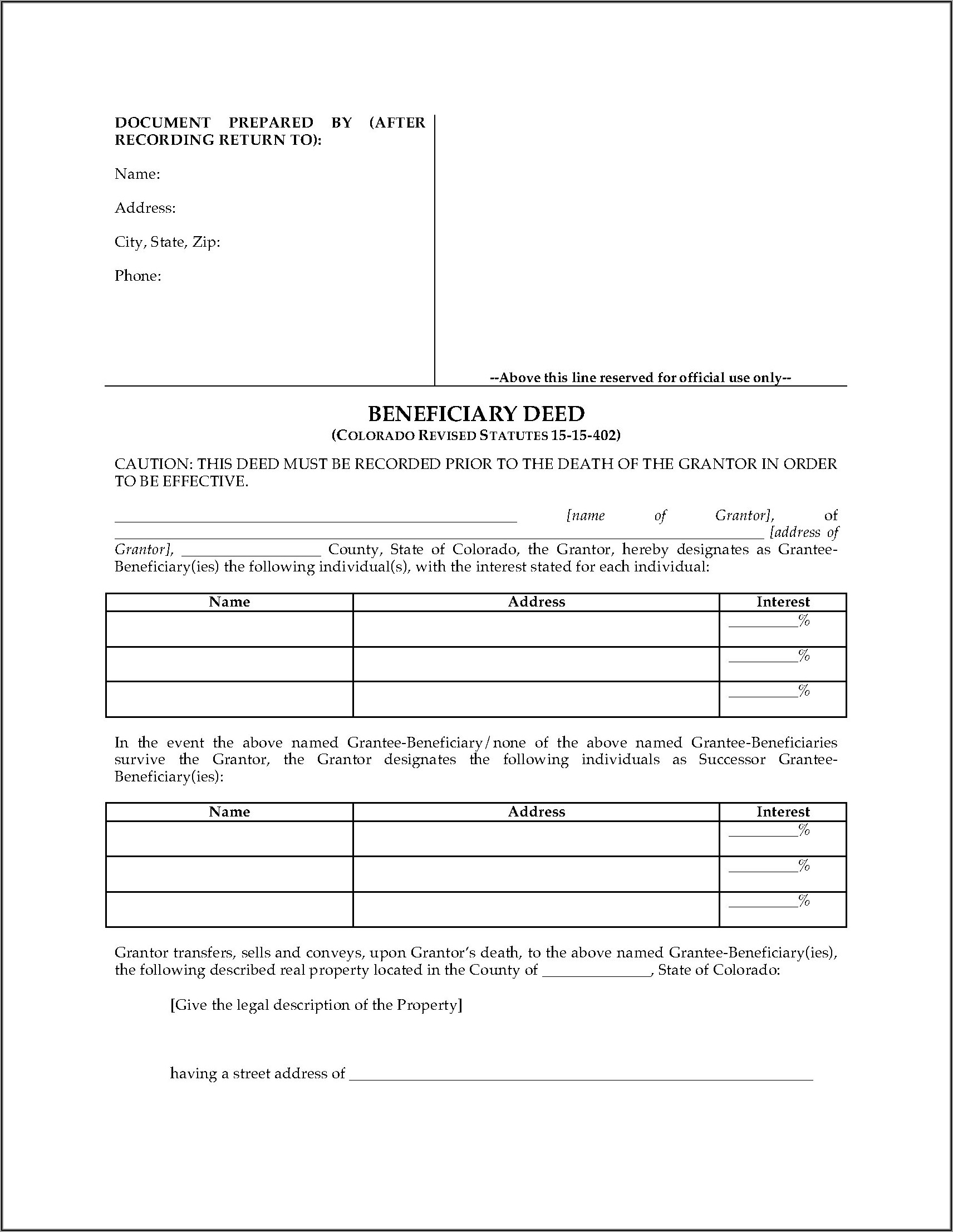 Free Printable Beneficiary Deed Arizona