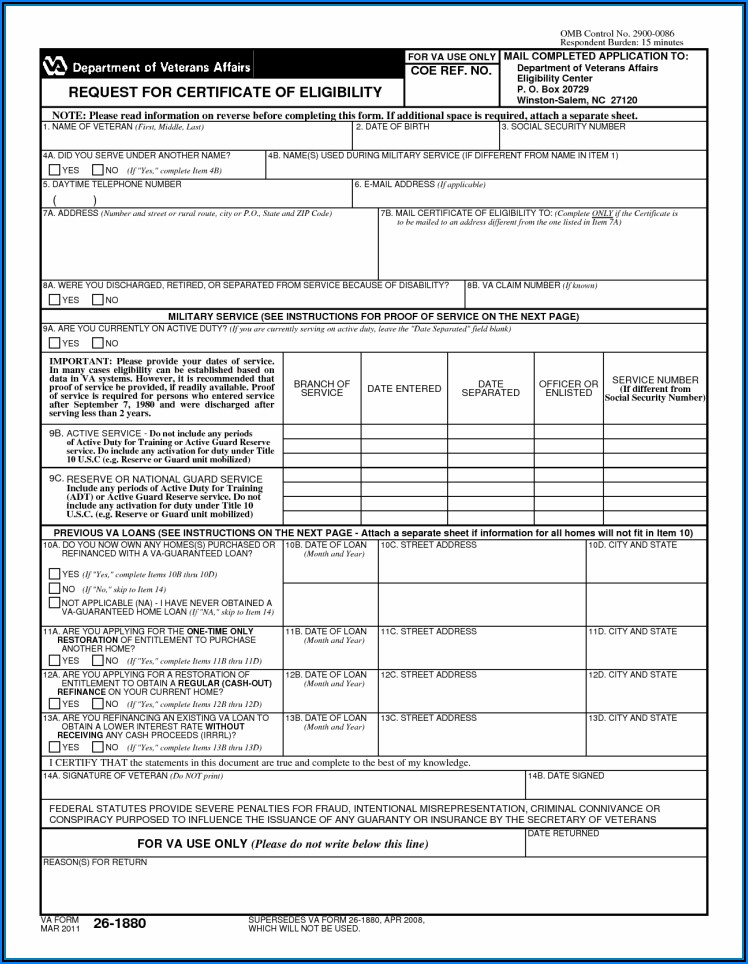 Va Form 26 1880 Request For A Certificate Of Eligibility For Va Home 