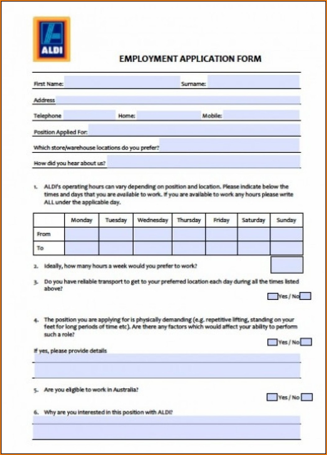 Aldi Job Application Form Printable