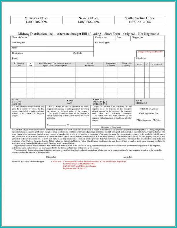 Free Printable Straight Bill Of Lading Short Form Form Resume 