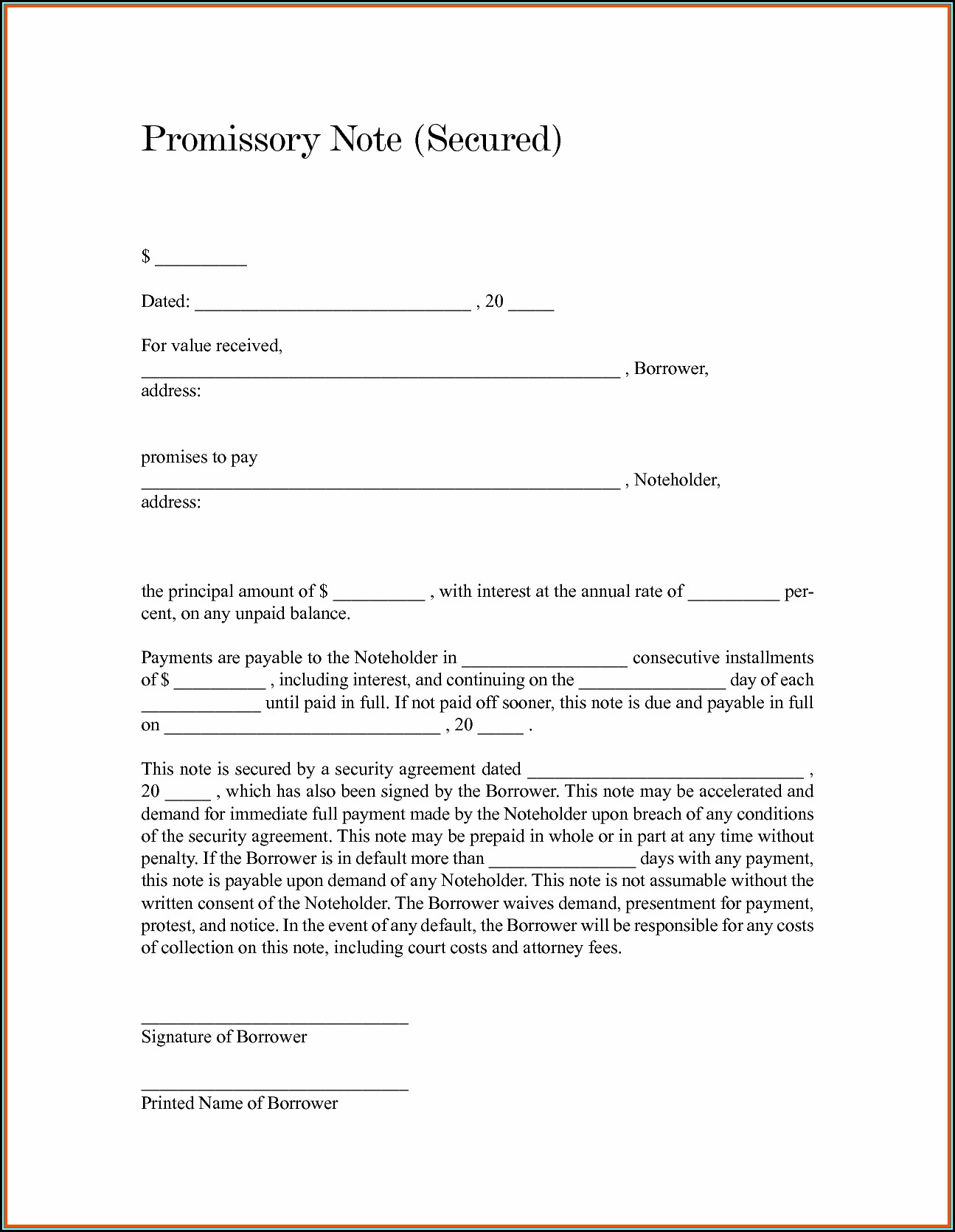 Secured Promissory Note Template Word