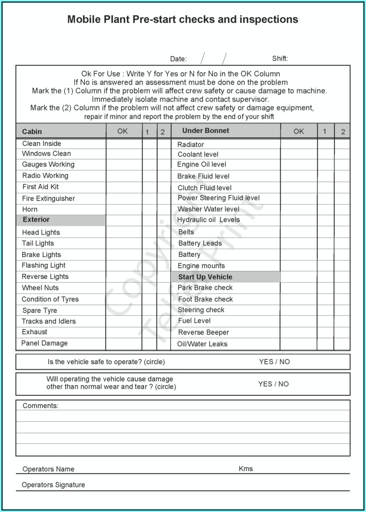pre trip inspection sheet
