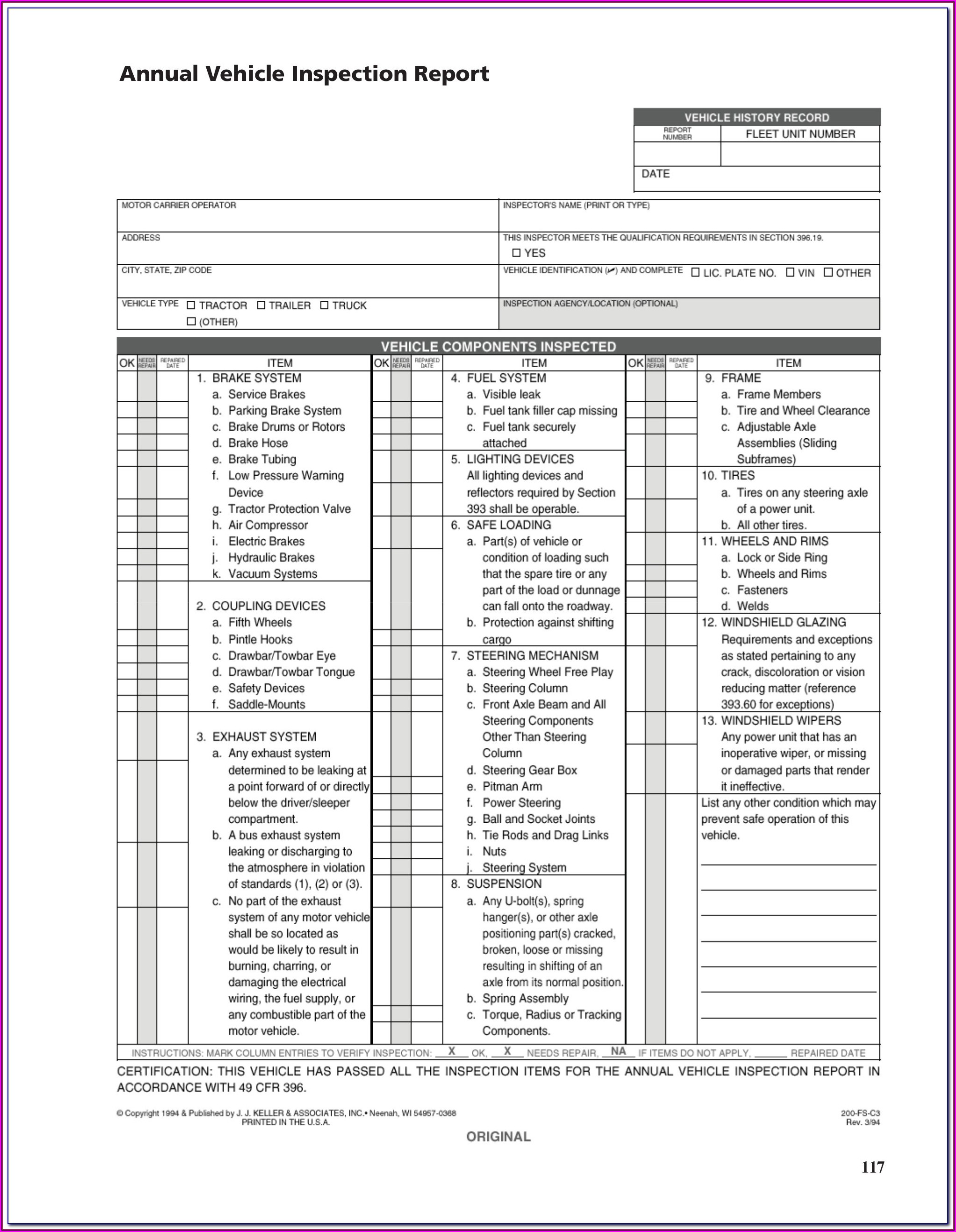 Pre Trip Inspection Test Sheet