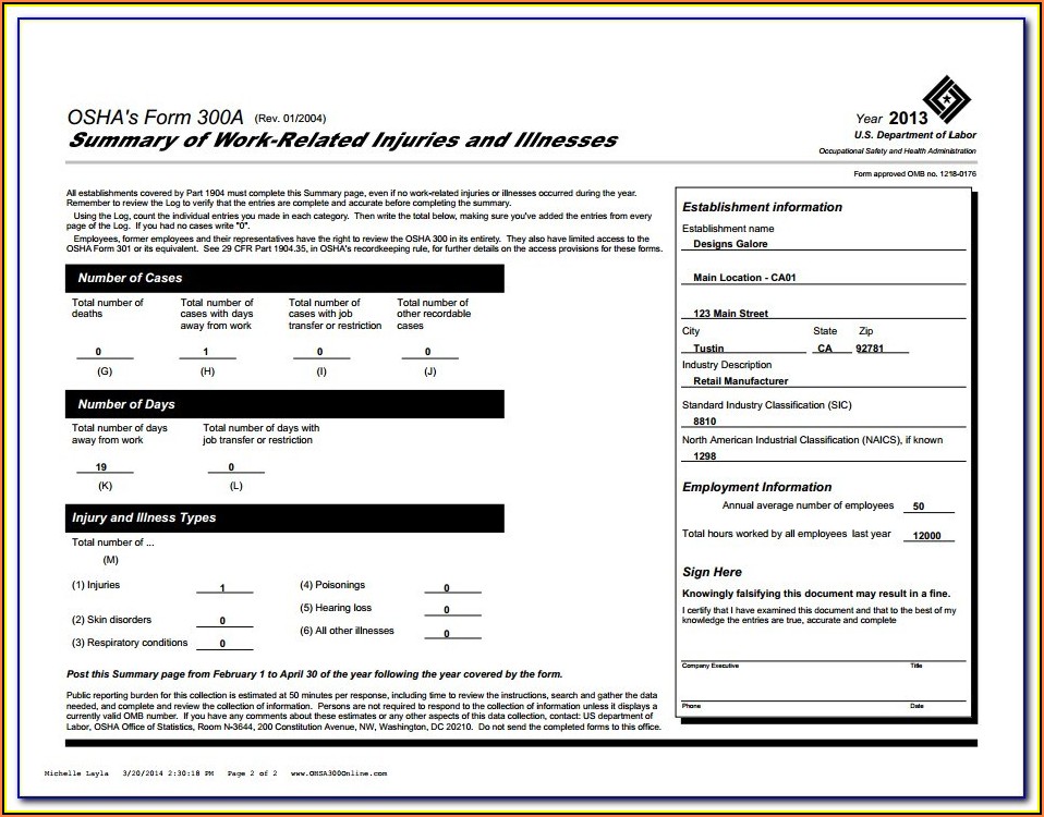 Osha Form 300A Printable