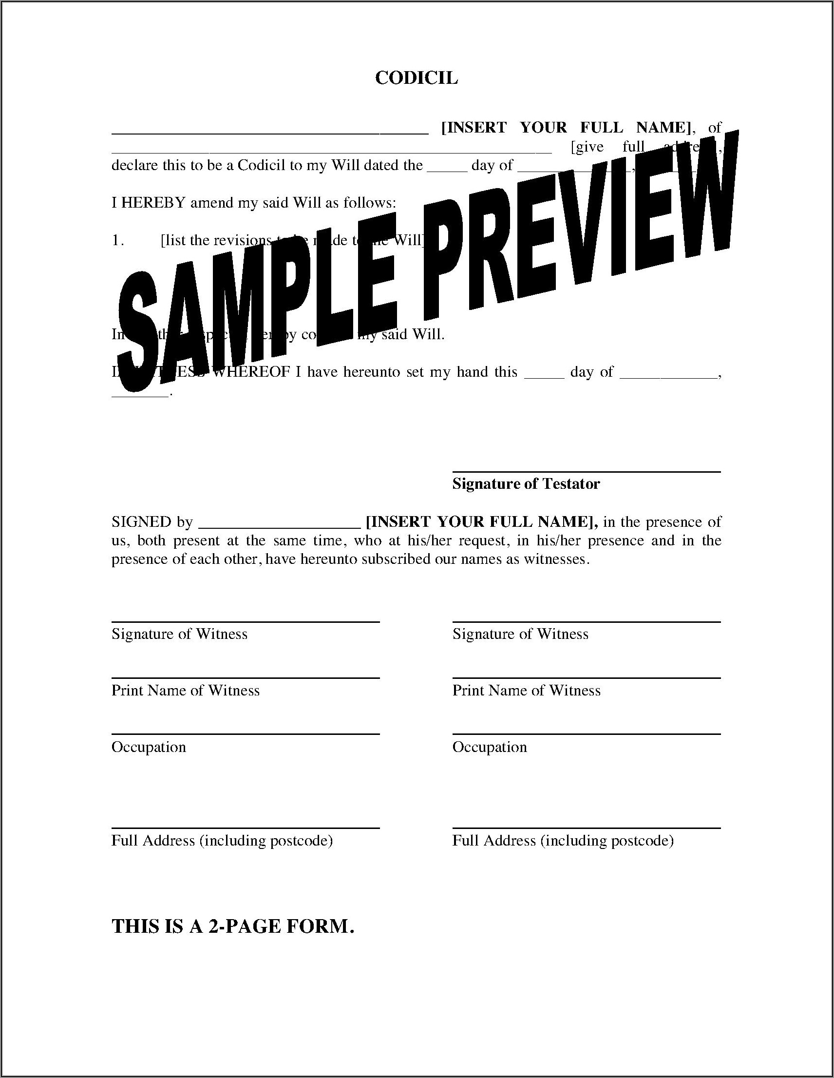 Free Printable Codicil Form