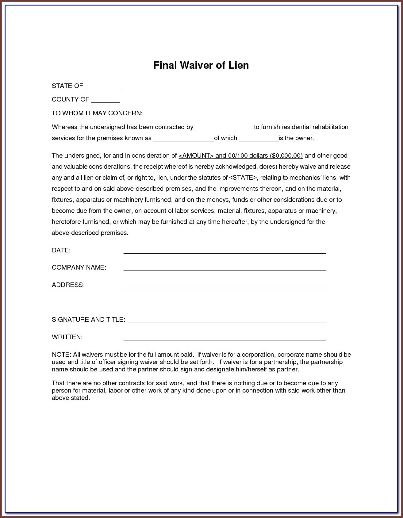 Free Subcontractor Lien Release Form Form : Resume Examples #l6YNmR493z