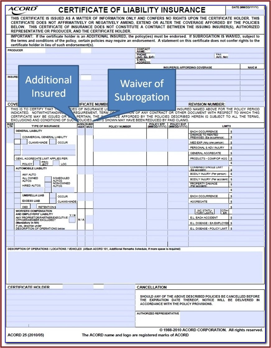 Waiver Of Subrogation Endorsement For Workers Comp Form Resume 